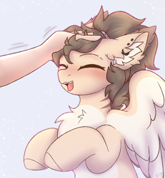 Size: 1804x1956 | Tagged: safe, artist:mariashek, imported from derpibooru, oc, oc only, oc:dima, human, pegasus, pony, bipedal, blushing, cheek fluff, duo, ear fluff, ear piercing, eyes closed, hand, happy, pat, piercing, solo, spread wings, wings