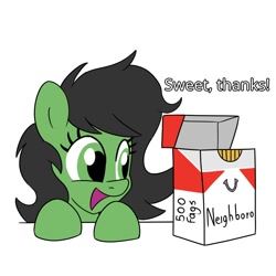 Size: 1000x1000 | Tagged: safe, artist:unitxxvii, imported from derpibooru, oc, oc only, oc:filly anon, earth pony, pony, bust, cigarette, dialogue, female, filly, foal, open mouth, open smile, simple background, smiling, solo, white background