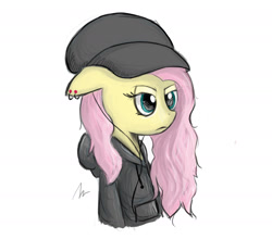 Size: 1852x1632 | Tagged: safe, artist:rosefluffdraws, imported from derpibooru, fluttershy, pony, cap, clothes, ear piercing, female, hat, headphones, hoodie, mare, piercing, signature, simple background, solo, white background