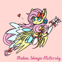 Size: 1000x1000 | Tagged: safe, artist:rosefluffdraws, imported from derpibooru, fluttershy, pegasus, pony, bow, clothes, dress, female, flower, flower in hair, gloves, hair bow, heart, magical girl, magical girl site, mare, pink background, scepter, simple background, smiling, solo, tail, tail bow, text