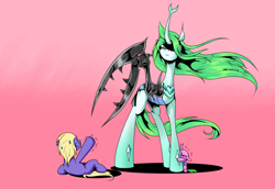 Size: 1490x1024 | Tagged: safe, artist:thurder2020, imported from derpibooru, queen chrysalis, changedling, changeling, changeling queen, earth pony, pony, crying, female, floppy ears, green coat, green eyes, green mane, green tail, horn, pink background, purified chrysalis, purple coat, simple background, sweat, sweating profusely, tail, trembling, wavy mane, wavy tail, yellow mane, yellow tail