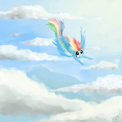 Size: 1000x1000 | Tagged: safe, artist:rosefluffdraws, imported from derpibooru, rainbow dash, pegasus, pony, cloud, day, female, flying, mare, sky, solo, spread wings, wings