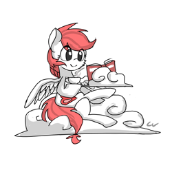 Size: 1800x1800 | Tagged: safe, artist:rosefluffdraws, imported from derpibooru, oc, oc only, pegasus, pony, book, cloud, cup, female, female oc, mare, on a cloud, reading, simple background, sitting, sitting on a cloud, solo, teacup, white background, white coat