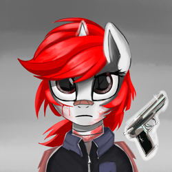 Size: 1900x1900 | Tagged: safe, artist:rosefluffdraws, imported from derpibooru, oc, oc only, pony, unicorn, fallout equestria, bandage, blood, clothes, female, female oc, gun, handgun, horn, levitation, magic, mare, pistol, red mane, scratches, solo, telekinesis, weapon