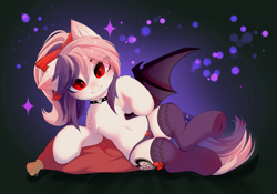 Size: 5113x3572 | Tagged: safe, artist:empress-twilight, imported from derpibooru, oc, oc only, oc:sweet velvet, bat pony, earth pony, belly, belly button, bow, chest fluff, choker, clothes, commission, ear fluff, earth pony oc, female, fluffy, g5, hair bow, horn, mare, my little pony, panties, pillow, smiling, socks, solo, thigh highs, underhoof, underwear