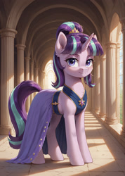 Size: 2040x2864 | Tagged: safe, imported from derpibooru, starlight glimmer, pony, unicorn, ai composition, ai content, clothes, day, dress, female, horn, indoors, jewelry, looking at you, mare, prompter:bluetoothworld, solo, window