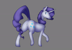 Size: 2048x1434 | Tagged: safe, artist:pegedraws, imported from derpibooru, rarity, pony, unicorn, butt, dock, featureless crotch, female, frog (hoof), gray background, horn, looking back, mare, my little pony, plot, scar, simple background, standing on two hooves, tail, underhoof, walking