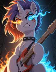 Size: 1344x1728 | Tagged: safe, imported from derpibooru, rarity, pony, unicorn, ai composition, ai content, alternate hairstyle, angry, backlighting, bared teeth, blue fire, chest fluff, collar, ear piercing, earring, electric guitar, eye scar, eyeshadow, facial scar, female, fire, flaming eyes, frown, generator:zoinksnoob, glare, glowing, glowing eyes, gritted teeth, guitar, heterochromia, holding, horn, intense, jewelry, looking at you, looking down, looking down at you, low angle, makeup, mare, musical instrument, nose wrinkle, piercing, prompter:tyto4tme4l, punk, raripunk, scar, sharp teeth, sitting, solo, spiked collar, teeth