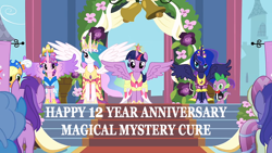 Size: 1280x720 | Tagged: safe, edit, edited screencap, editor:incredibubbleirishguy, imported from derpibooru, screencap, amethyst star, applejack, fleur de verre, linky, princess cadance, princess celestia, princess luna, shoeshine, sparkler, spike, twilight sparkle, alicorn, dragon, earth pony, pony, magical mystery cure, season 3, 2013, 2025, bell, big crown thingy, bowtie, celebration, celestia's ceremonial crown, celestia's crown, clothes, coronation, coronation dress, crown, dress, element of magic, jewelry, magical mystery cure 12th anniversary, my little pony, regalia, tuxedo, twilight sparkle (alicorn), wingless spike