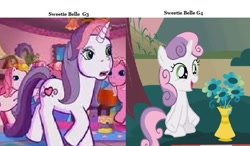 Size: 736x431 | Tagged: safe, edit, edited screencap, imported from derpibooru, screencap, cheerilee (g3), pinkie pie (g3), starsong, sweetie belle, sweetie belle (g3), earth pony, pegasus, pony, unicorn, meet the ponies, comparison, episode needed, female, filly, flower, foal, g3, horn, offscreen character, open mouth, open smile, pinkie pie's party party, sitting, smiling, solo, surprised, text, toola-roola, walking