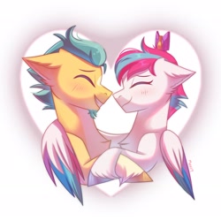 Size: 2048x2045 | Tagged: safe, artist:maxi_ponie, imported from derpibooru, hitch trailblazer, zipp storm, earth pony, pegasus, affection, alternate hairstyle, blushing, crown, cute, duo, duo male and female, eyes closed, female, g5, heart, hitchzipp, hug, jewelry, looking at each other, looking at someone, male, mare, regalia, shipping, simple background, smiling, smiling at each other, smiling at someone, stallion, straight, winghug, wings