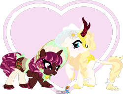 Size: 2000x1534 | Tagged: safe, artist:princeofrage, imported from derpibooru, oc, oc only, oc:daisy june, oc:honey rose, kirin, unicorn, blushing, bonnet, bow, braid, braided tail, clothes, cloven hooves, cowboy hat, cowgirl, dock, duo, duo female, female, females only, fetlock tuft, flower, flower in hair, flower in mouth, girly, hair bow, hair tie, hat, horn, kirin oc, lace, leggings, lesbian, mouth hold, non-pony oc, one eye closed, ringlets, rose, rose in mouth, saddle, shiny hooves, simple background, tack, tail, tail bow, transparent background, unicorn oc, unshorn fetlocks, vector, watermark, wink