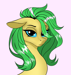 Size: 2073x2181 | Tagged: safe, artist:viaobscura, imported from derpibooru, oc, oc only, earth pony, pony, bust, catchlights, cyan eyes, earth pony oc, floppy ears, green mane, lidded eyes, looking at you, shading, simple background, solo, white background, yellow coat