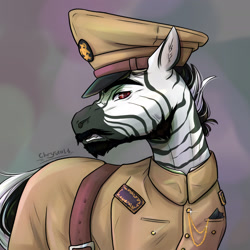 Size: 2362x2362 | Tagged: safe, artist:chrystal_company, imported from derpibooru, oc, oc only, zebra, equestria at war mod, beard, clothes, facial hair, hat, moustache, solo