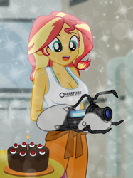 Size: 5176x6912 | Tagged: safe, artist:emeraldblast63, imported from derpibooru, sunset shimmer, human, equestria girls, adult, aperture science, big breasts, blurry background, breasts, busty sunset shimmer, cake, candle, chocolate cake, clothes, cyan eyes, female, food, laboratory, long hair, looking down, open mouth, open smile, pants, portal (valve), portal gun, round table, shirt, sleeveless, sleeveless shirt, smiling, solo, solo female, sparkles, surprised, table, tanktop, technology, two toned hair, wavy hair, woman, young adult