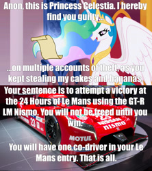 Size: 1021x1149 | Tagged: safe, imported from derpibooru, princess celestia, 24 hours of le mans, banana, bananalestia, cake, cakelestia, car, food, implied filly anon, le mans, lmp1, nissan, nissan gt-r lm nismo, prototype car, punishment, racecar, this will end in a car crash, this will end in a red flag, this will end in an accident, this will end in hell, this will end in sleep deprivation, this will not end well, world endurance championship