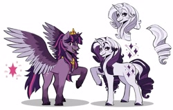 Size: 3200x2050 | Tagged: safe, artist:slapearl, imported from derpibooru, rarity, twilight sparkle, alicorn, pony, unicorn, alternate hairstyle, crown, duo, duo female, eyeshadow, female, horn, jewelry, lesbian, lipstick, makeup, mare, markings, open mouth, rarilight, redesign, reference sheet, regalia, shipping, simple background, twilight sparkle (alicorn), white background