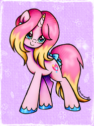 Size: 2248x3000 | Tagged: safe, artist:dariarchangel, imported from derpibooru, oc, oc only, oc:sugar blossom, pony, unicorn, abstract background, adorable face, art trade, blue eyes, blue hooves, bow, c:, colored hooves, cute, cute face, cute smile, ear piercing, earring, female, female oc, heart, heart eyes, hooves, horn, horn accessory, horn ring, jewelry, leg fluff, long tail, lovely, mare, mare oc, ocbetes, passepartout, piercing, pink coat, pink hair, pink mane, pink tail, pony oc, pretty, ring, smiling, solo, standing, tail, tail bow, traditional art, two toned hair, two toned mane, two toned tail, unicorn oc, unshorn fetlocks, wingding eyes