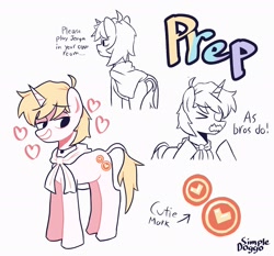 Size: 2045x1909 | Tagged: safe, artist:simpledoggo, imported from derpibooru, pony, unicorn, boyfriends (webcomic), eyebrows, eyebrows visible through hair, floating heart, heart, horn, jewelry, male, necklace, ponified, prep (boyfriends), reference sheet, simple background, solo, stallion, white background