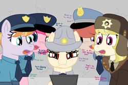 Size: 2250x1500 | Tagged: safe, artist:mariculture, copper top, march gustysnows, oc, oc:cream collar, oc:rough cuff, oc:sweet serving, earth pony, pegasus, pony, camera, dialogue, female, hat, mare, necktie, open mouth, police, police officer, police pony, police uniform