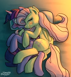 Size: 1628x1752 | Tagged: safe, artist:simpledoggo, imported from derpibooru, fluttershy, twilight sparkle, alicorn, pegasus, pony, blushing, cuddling, duo, female, lesbian, mare, shipping, spooning, twilight sparkle (alicorn), twishy