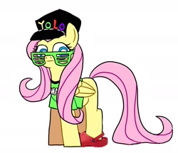 Size: 1889x1622 | Tagged: safe, artist:simpledoggo, imported from derpibooru, fluttershy, pegasus, pony, baseball cap, cap, clothes, crocs, female, hat, mare, shirt, shoes, simple background, solo, sunglasses, t-shirt, white background, yolo