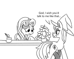 Size: 2500x2000 | Tagged: safe, artist:simpledoggo, imported from derpibooru, phyllis, starlight glimmer, trixie, pony, unicorn, black and white, blushing, desk, dialogue, duo, female, grayscale, horn, inkwell, lesbian, mare, monochrome, potted plant, quill, shipping, speech bubble, startrix