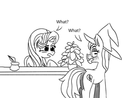 Size: 2500x2000 | Tagged: safe, artist:simpledoggo, imported from derpibooru, phyllis, starlight glimmer, trixie, pony, unicorn, black and white, blushing, desk, dialogue, duo, female, grayscale, horn, inkwell, lesbian, mare, monochrome, potted plant, quill, shipping, speech bubble, startrix