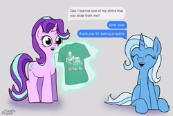 Size: 3000x2000 | Tagged: safe, artist:simpledoggo, imported from derpibooru, starlight glimmer, trixie, pony, unicorn, clothes, dialogue, duo, female, gray background, horn, lesbian, magic, mare, meme, ponified meme, shipping, shirt, simple background, sitting, speech bubble, startrix, t-shirt, telekinesis, undertale