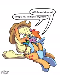 Size: 2000x2493 | Tagged: safe, artist:simpledoggo, imported from derpibooru, applejack, rainbow dash, earth pony, pegasus, pony, appledash, blushing, cuddling, dialogue, duo, female, hug, lesbian, mare, shipping, simple background, speech bubble, white background