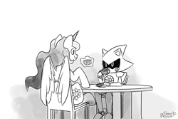 Size: 3000x2000 | Tagged: safe, artist:simpledoggo, imported from derpibooru, princess celestia, alicorn, hedgehog, pony, robot, black and white, chair, cup, duo, female, food, grayscale, looking at each other, looking at someone, magic, male, mare, metal sonic, monochrome, sitting, sonic the hedgehog (series), table, tea, teacup, telekinesis