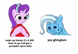 Size: 2574x1792 | Tagged: safe, artist:simpledoggo, imported from derpibooru, starlight glimmer, trixie, pony, unicorn, clothes, dialogue, dick flattening, duo, female, horn, lesbian, mare, meme, ponified meme, shipping, simple background, startrix, sweater, white background