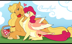 Size: 1858x1128 | Tagged: safe, artist:greenarsonist, imported from derpibooru, applejack, strawberry sunrise, earth pony, pegasus, pony, apple, applerise, basket, bedroom eyes, blushing, cloud, duo, duo female, female, food, freckles, heart, holiday, lesbian, looking at each other, looking at someone, lying down, mare, markings, mouth hold, open mouth, picnic, picnic basket, picnic blanket, prone, raised hoof, redesign, shipping, sitting, size difference, sky, unshorn fetlocks, valentine's day