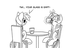 Size: 3000x2000 | Tagged: safe, artist:simpledoggo, imported from derpibooru, rainbow dash, twilight sparkle, alicorn, pegasus, pony, black and white, chair, drink, drinking, glass, grayscale, ice cube, magic, monochrome, sitting, table, telekinesis, twilight sparkle (alicorn)