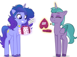 Size: 4136x3086 | Tagged: safe, artist:equestriaexploration, artist:nedemai, imported from derpibooru, alicorn, pony, box of chocolates, female, g5, magix, mare, present, shiny sparks, simple background, transparent background