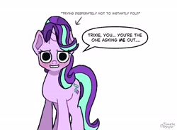 Size: 2600x1900 | Tagged: safe, artist:simpledoggo, imported from derpibooru, starlight glimmer, pony, unicorn, blushing, dialogue, female, horn, implied lesbian, implied shipping, implied startrix, mare, simple background, solo, speech bubble, white background