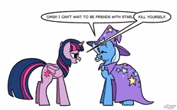 Size: 2832x1764 | Tagged: safe, artist:simpledoggo, imported from derpibooru, trixie, twilight sparkle, alicorn, pony, unicorn, cape, clothes, dialogue, duo, female, hat, horn, kill yourself, mare, simple background, speech bubble, trixie's cape, trixie's hat, twilight sparkle (alicorn), white background