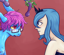 Size: 700x600 | Tagged: safe, artist:7nights, imported from derpibooru, princess luna, oc, oc:cteno, goo, goo pony, human, original species, female, glasses, humanized, jewelry, mistletoe, regalia