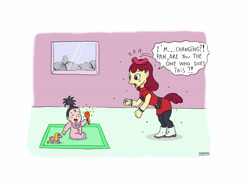 Size: 4668x3400 | Tagged: safe, artist:nadmh, imported from derpibooru, apple bloom, human, pony, character to character, crossover, dragon ball, dragon ball super, high res, human to pony, magic, pan, rattle, speech bubble, toy, transformation, transformation sequence, videl