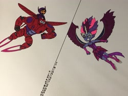 Size: 4032x3024 | Tagged: safe, artist:dylanwayneburk, imported from derpibooru, sci-twi, twilight sparkle, demon, human, robot, equestria girls, armor, baymax, big hero 6, crossover, disney, evil twilight, female, fight, flying, hiro hamada, male, midnight sparkle, my little pony equestria girls: friendship games, my little pony equestria girls: legend of everfree, side by side, simple background, superhero, traditional art