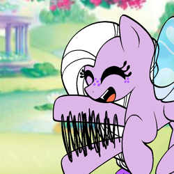 Size: 768x768 | Tagged: safe, artist:kharmacal, imported from derpibooru, oc, oc only, oc:glitter dust, flutter pony, braid, fangs, flutter pony oc, flying, freckles, purple coat, solo, waving, white hair