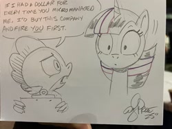 Size: 2048x1536 | Tagged: safe, artist:andy price, imported from derpibooru, spike, twilight sparkle, dragon, pony, unicorn, female, horn, male, mare, speech bubble, traditional art