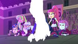 Size: 1280x720 | Tagged: safe, edit, edited screencap, imported from derpibooru, screencap, indigo zap, lemon zest, sour sweet, sugarcoat, sunny flare, human, equestria girls, canterlot high, clothes, crystal prep academy, crystal prep academy uniform, crystal prep shadowbolts, cute, female, glasses, headphones, my little pony equestria girls: friendship games, open mouth, scared, school uniform, shadow five, shocked, uniform