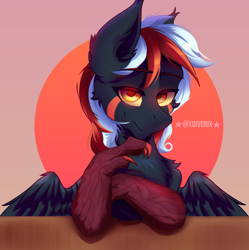 Size: 2220x2230 | Tagged: safe, artist:divori, imported from derpibooru, oc, oc only, oc:ephy magma, original species, pegasus, pony, timber pony, timber wolf, abstract background, chest fluff, claws, ear fluff, glowing, glowing eyes, looking at you, paws, sitting, smiling, smiling at you, solo, species swap, two toned mane, wings