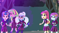 Size: 1280x720 | Tagged: safe, edit, edited screencap, imported from derpibooru, screencap, indigo zap, lemon zest, sour sweet, sugarcoat, sunny flare, human, equestria girls, canterlot high, clothes, crystal prep academy, crystal prep academy uniform, crystal prep shadowbolts, cute, female, glasses, headphones, my little pony equestria girls: friendship games, open mouth, scared, school uniform, shadow five, shocked, uniform, worried