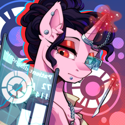 Size: 1000x1000 | Tagged: safe, artist:breloomsgarden, imported from derpibooru, oc, oc only, oc:claret heartthrob, unicorn, fanfic:iron hearts, abstract background, bust, chains, commissioner:sfaccountant, diagnosis, doctor, doctor coat, ear piercing, eyeshadow, hologram, horn, lip piercing, magic, makeup, piercing, portrait, scalpel, scouter, screen, surgeon, surgery, unicorn oc