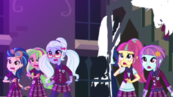 Size: 1280x720 | Tagged: safe, edit, edited screencap, imported from derpibooru, screencap, indigo zap, lemon zest, sour sweet, sugarcoat, sunny flare, human, equestria girls, canterlot high, clothes, crystal prep academy, crystal prep academy uniform, crystal prep shadowbolts, cute, female, glasses, headphones, my little pony equestria girls: friendship games, open mouth, scared, school uniform, shadow five, shocked, uniform, worried