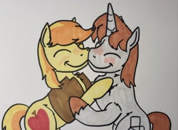 Size: 2048x1491 | Tagged: safe, artist:hoofclid, imported from derpibooru, braeburn, oc, oc:hoofclid, earth pony, pony, unicorn, canon x oc, chest fluff, duo, duo male, eyes closed, gay, hatless, horn, hug, male, marker drawing, missing accessory, shipping, smiling, stallion, traditional art, unshorn fetlocks