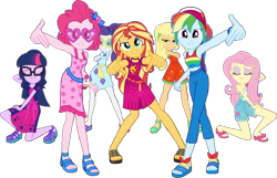 Size: 1749x1125 | Tagged: safe, edit, edited screencap, editor:pascalmulokozi2, imported from derpibooru, screencap, applejack, fluttershy, pinkie pie, rainbow dash, rarity, sci-twi, sunset shimmer, twilight sparkle, human, equestria girls, i'm on a yacht, spoiler:eqg series (season 2), clothes, equestria girls specials, glasses, group, hat, humane five, humane seven, humane six, music video, my little pony equestria girls: better together, my little pony equestria girls: spring breakdown, not a vector, pose, sandals, shoes, simple background, spring break, sunglasses, transparent background