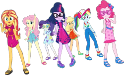 Size: 1561x947 | Tagged: safe, edit, edited screencap, editor:pascalmulokozi2, imported from derpibooru, screencap, applejack, fluttershy, pinkie pie, rainbow dash, rarity, sci-twi, sunset shimmer, twilight sparkle, human, equestria girls, i'm on a yacht, spoiler:eqg series (season 2), clothes, equestria girls specials, glasses, group, hat, humane five, humane seven, humane six, music video, my little pony equestria girls: better together, my little pony equestria girls: spring breakdown, not a vector, pose, sandals, shoes, simple background, spring break, sunglasses, transparent background